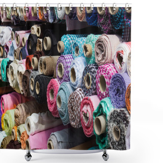 Personality  Fabric Rolls At Market Stall - Textile Industry Background Shower Curtains