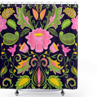 Personality  Vintage Ornate Floral Wallpaper With Exotic Flowers And Birds Shower Curtains