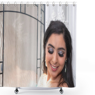 Personality  Young Teen Hispanic Girl Wearing A Quinceanera Dress Shower Curtains