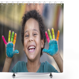 Personality  Beautifu Happy Boy With Colorful Painted Hands Shower Curtains