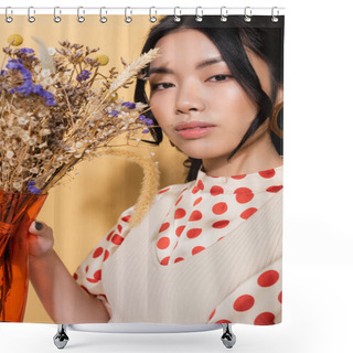 Personality  Portrait Of Stylish Asian Model Holding Vase With Flowers On Orange Background Shower Curtains