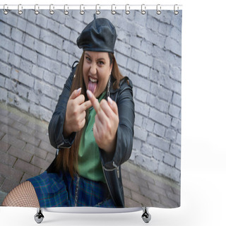 Personality  Sassy Plus Size Woman In Leather Jacket And Black Beret Showing Middle Fingers And Sticking Tongue Out Near Brick Wall On Urban Street, Body Positive, Bad Behavior, Cheerful  Shower Curtains
