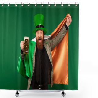 Personality  Excited Man In Hat Holding Glass Of Beer And Irish Flag Isolated On Green  Shower Curtains