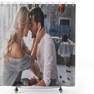 Personality  Beautiful Young Couple Bonding And Smiling While Sitting In Bedroom, Celebrating Valentines Day Shower Curtains