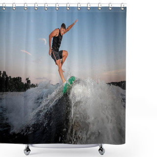 Personality  Active And Young Man Jumping On Wakesurf Down The River Waves Against Blue Sky At The Sunset Shower Curtains