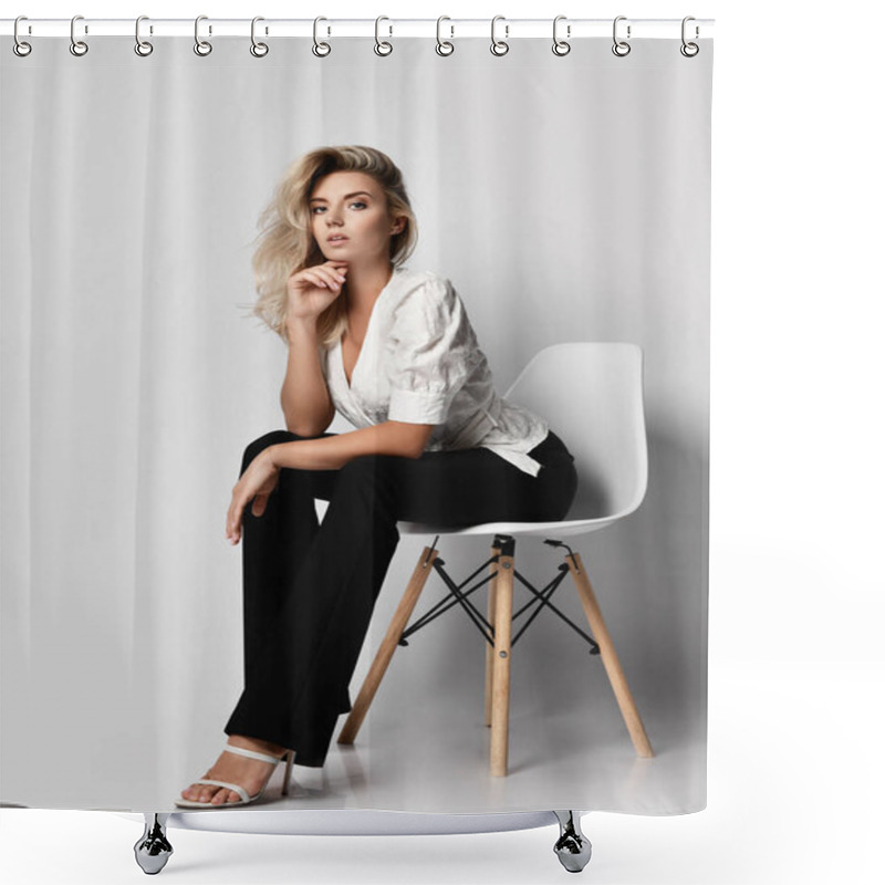 Personality  Keen Attentive Young Blonde Businesswoman In Office Pantsuit Shirt And Pants Sits On Chair Leaning Forward And Looks At Camera Shower Curtains