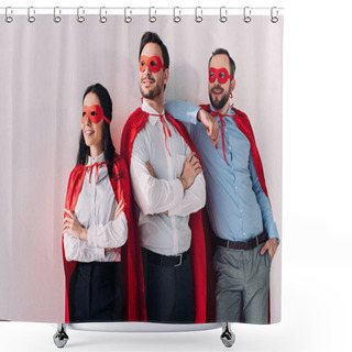 Personality  Smiling Super Businesspeople In Masks And Capes Looking Away Isolated On White Shower Curtains