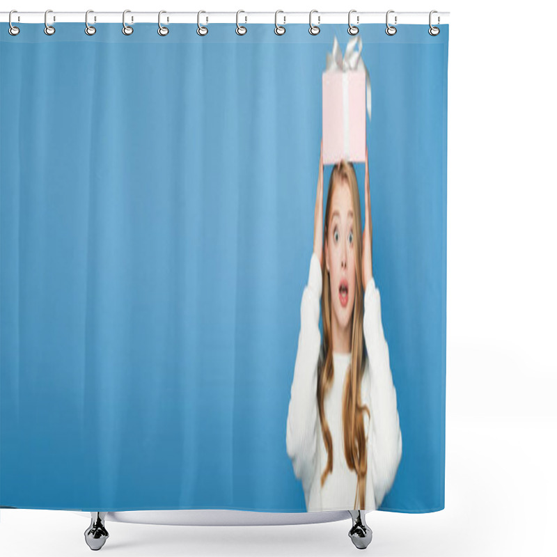 Personality  Surprised Blonde Beautiful Woman In Sweater Holding Gift Box Above Head Isolated On Blue, Banner Shower Curtains
