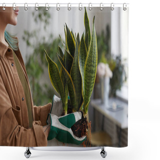 Personality  Cropped Side View Portrait Of Unrecognizable Young Woman Potting Plants While Gardening Or Working In Flower Shop, Copy Space Shower Curtains