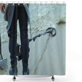 Personality  Man With Metal Detector On The Beach To Find Lost Objects Shower Curtains