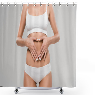 Personality  Partial View Of Beautiful Slim Woman In Underwear Posing With Hands On Belly Isolated On Grey Shower Curtains