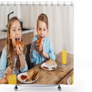 Personality  Selective Focus Of Happy Siblings Eating Toast Bread With Bread  Shower Curtains