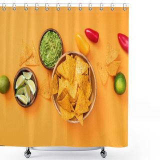 Personality  Top View Of Crispy Mexican Nachos, Guacamole,peppers And Limes On Orange Background Shower Curtains