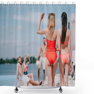 Personality  Back View Of Girls In Swimwear Walking On Beach And Waving Hand To Friends At Poolside Shower Curtains