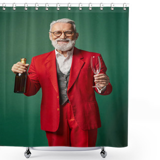 Personality  Happy Santa With Glasses And Beard In Red Suit Posing With Champagne Bottle, Winter Concept Shower Curtains