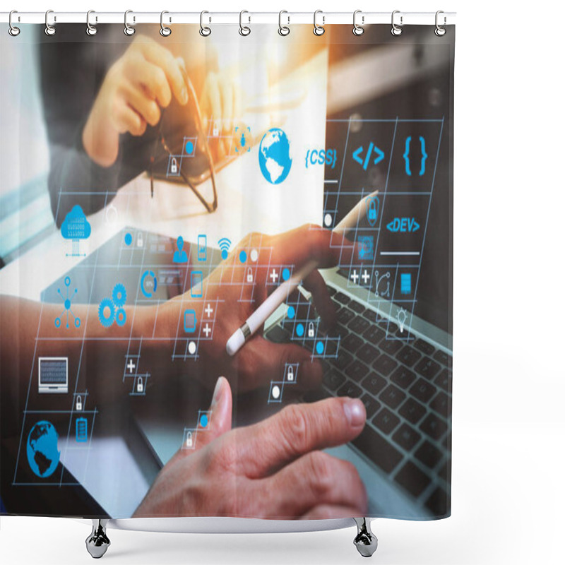 Personality  Coding software developer work with AR new design dashboard computer icons of scrum agile development and code fork and versioning with responsive cybersecurity.two colleagues website designer discussing data. shower curtains