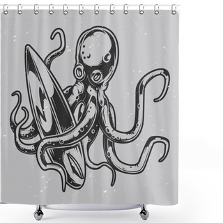 Personality  Isolated Black And White Illustration With Octopus And Surfing Board Shower Curtains