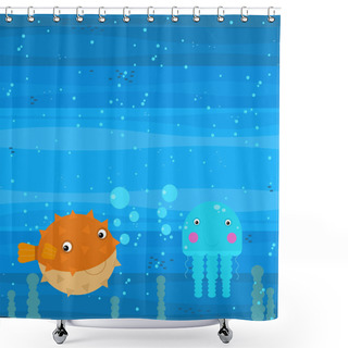 Personality  Happy Cartoon Undersea Scene With Swimming Coral Reef Fishes Illustration For Children Shower Curtains