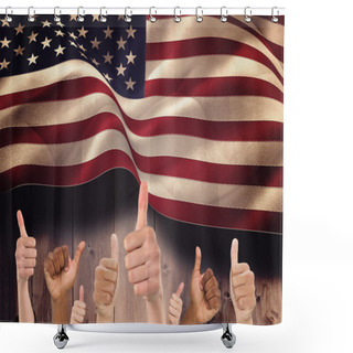 Personality  Composite Image Of Hands Showing Thumbs Up Shower Curtains