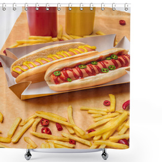 Personality  Close-up Shot Of Tasty Hot Dogs With French Fries On Paper On White Surface Shower Curtains