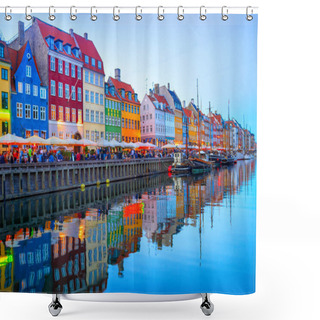 Personality  People Walking And Sitting In Restaurants At Illuminated Nyhavn Embankment By Canal With Moored Boats In Evening Dusk, Copenhavn, Denmark Shower Curtains