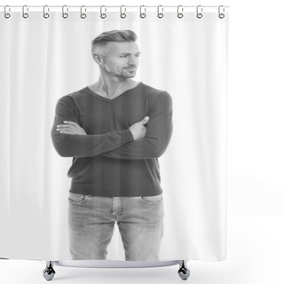 Personality  Man Looks Handsome In Casual Style. Guy Wear Casual Outfit. Fashion For Daily Life. Fashion Concept. Handsome Fashion Model. Feeling Casual And Comfortable. Menswear And Fashionable Clothing Shower Curtains