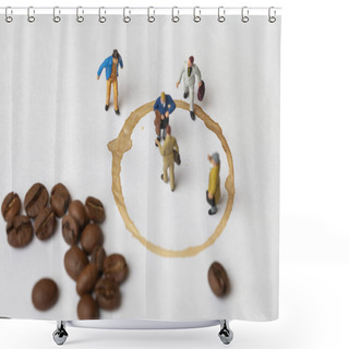 Personality  Coffee Break Concept With Lose Up Miniature People And Coffee.  Shower Curtains