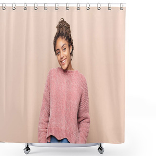 Personality  Young Afro Woman Smiling Cheerfully And Casually, Taking Hand To Head With A Positive, Happy And Confident Look Shower Curtains
