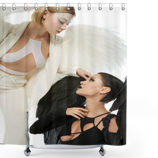 Personality  Holy Angel With Wings Looking At Dark Demon On White Backdrop, Good Vs Evil Biblical Concept Shower Curtains