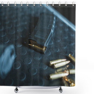 Personality  Close Up View Of Bullets And Rifle Magazine On Table Shower Curtains