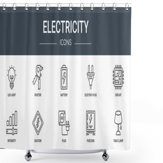 Personality  Set Of 10 Outline Web Electricity Icons Such As Led Light, Riveter, Battery, Electric Plug, Circuit, Intensity, Caution Vector Icons For Report, Presentation, Diagram, Web Design, Mobile App Shower Curtains