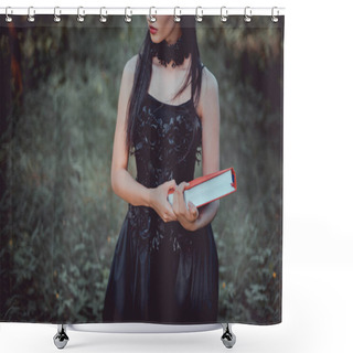 Personality  Cropped View Of  Woman In Witch Costume Standing On Forest Background With Red Book Shower Curtains