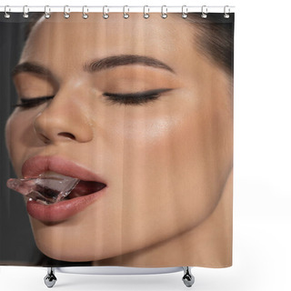 Personality  Close Up View Of Young Woman With Visage Holding Ice In Mouth Isolated On Grey  Shower Curtains
