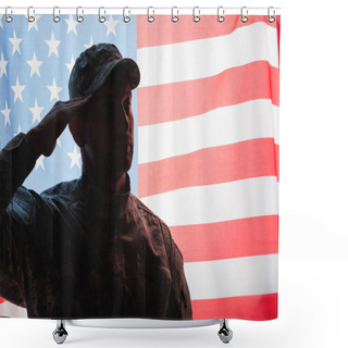 Personality  Patriotic Military Man In Uniform And Cap Giving Salute Near American Flag On Background Shower Curtains