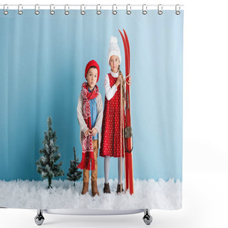 Personality  Kid Holding Ski Poles And Skis While Standing On Snow Near Brother In Winter Outfit On Blue Shower Curtains