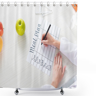 Personality  Cropped View Of Dietitian Writing In Meal Plan At Table With Fruits Shower Curtains
