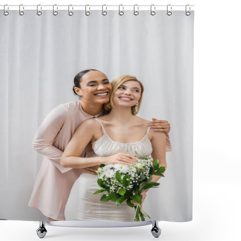 Personality  Bridal Party, Happy Bride With Bridesmaid, Cheerful Interracial Women, Wedding Dress And Bridesmaid Gown, African American Woman Hugging Engaged Friend On Grey Background  Shower Curtains