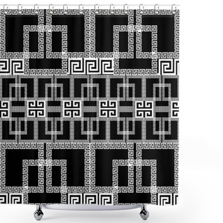 Personality  Geometric Greek Vector Seamless Border Pattern. Ornamental Black And White Ornate Background. Geometry Repeat Checkered Backdrop. Greek Key Meanders Ornament With Geometrical Shapes, Borders, Squares Shower Curtains