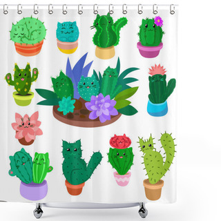 Personality  Cute Cartoon Cactus And Succulents Set On Hand Drawn Nature Plants Cacti Vector Illustration Isolated On White. Shower Curtains