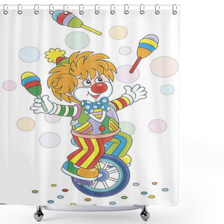 Personality  Circus Show Of A Funny Clown Juggling With Skittles And Riding His Unicycle, Vector Illustration In A Cartoon Style Shower Curtains