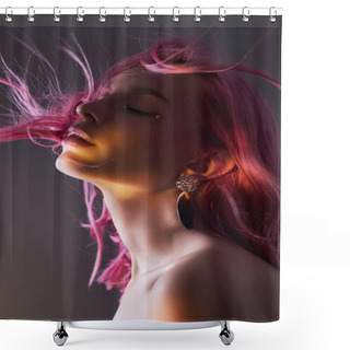Personality  Art Beauty Portrait Of A Woman With Pink Hair, Creative Coloring. Bright Colored Highlights And Shadows On The Face, A Girl With Jewelry. Dyed Hair In The Wind Shower Curtains