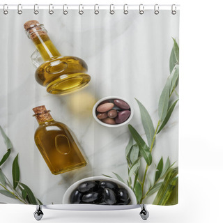 Personality  Top View Of Olive Oil In Glass Bottles And Olives On White Surface Shower Curtains