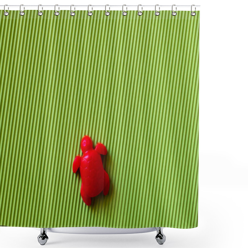 Personality  Top View Of Red Turtle Sand Mold On Green Corrugated Background Shower Curtains