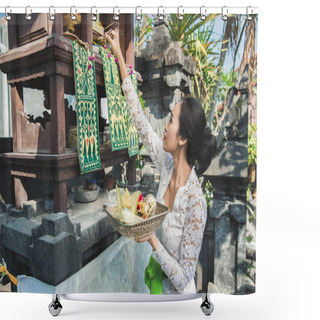 Personality  Balinese Woman Doing Ritual Offering Canang Sari And Praying At  Shower Curtains