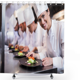 Personality  Smiling Chef With Garnished Food Plate In The Kitchen Shower Curtains