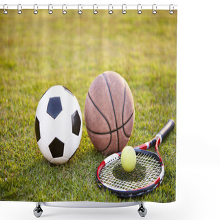Personality  Football Soccer Ball Basketball Tennis Ball And Racket Laid On Grass At Sunset Shower Curtains