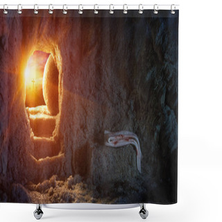 Personality  Tomb Empty With Shroud And Crucifixion At Sunrise - Resurrection Of Jesus Shower Curtains