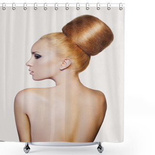 Personality  Elegant Woman With Creative Hair Style. Fashion Model With Creative Huge Bun Hairstyle With Big Chignon. Beautiful Shiny Volume Hair Shower Curtains