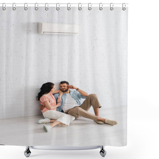 Personality  Handsome Man Hugging Girlfriend While Sitting Together On Floor Under Air Conditioner  Shower Curtains