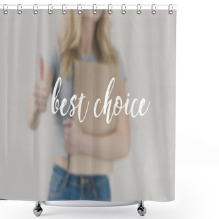 Personality  Cropped Shot Of Young Student Girl With Notebook Showing Thumb Up, Best Choice Inscription Shower Curtains